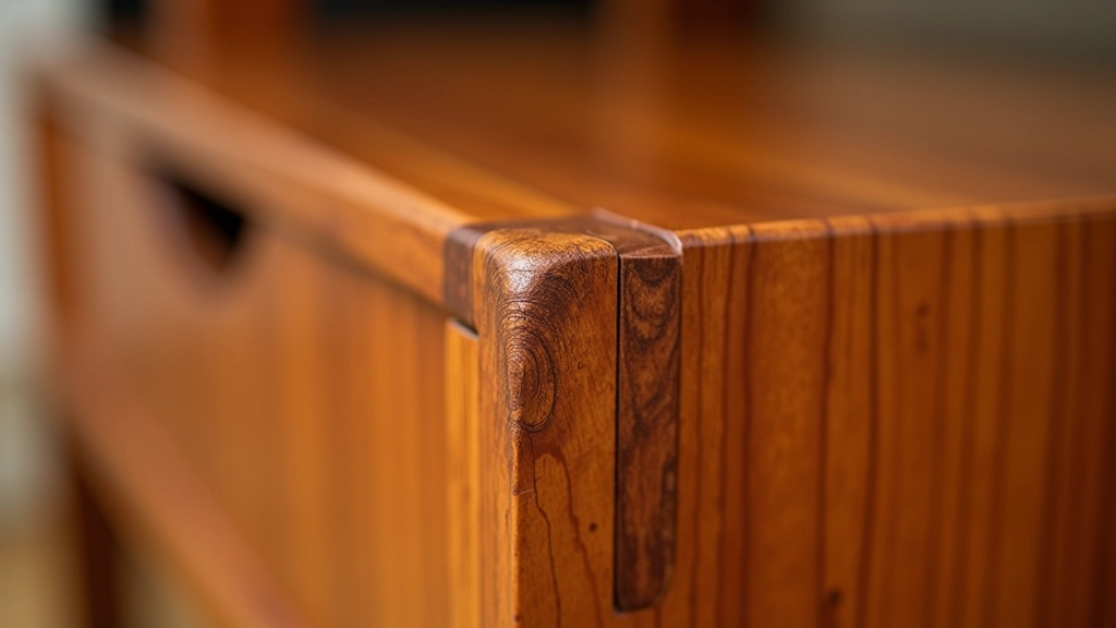 Close-up detail of mid-century wooden furniture showing wood grain texture and quality joinery construction