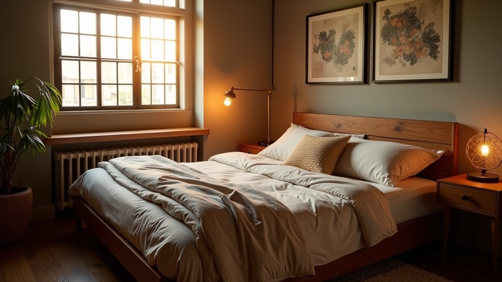 Styled loft bedroom corner with vintage wooden furniture, layered textiles, and warm accent lighting