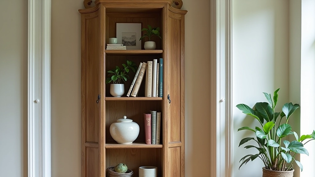 Styled wooden door shelves displaying vintage books, ceramic vessels, and decorative plants