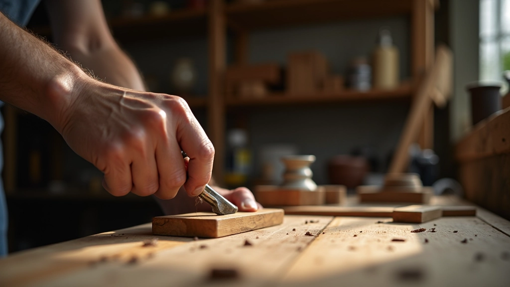 Skilled craftsperson carefully restoring wooden furniture frame in a bright workshop setting with tools and materials visible