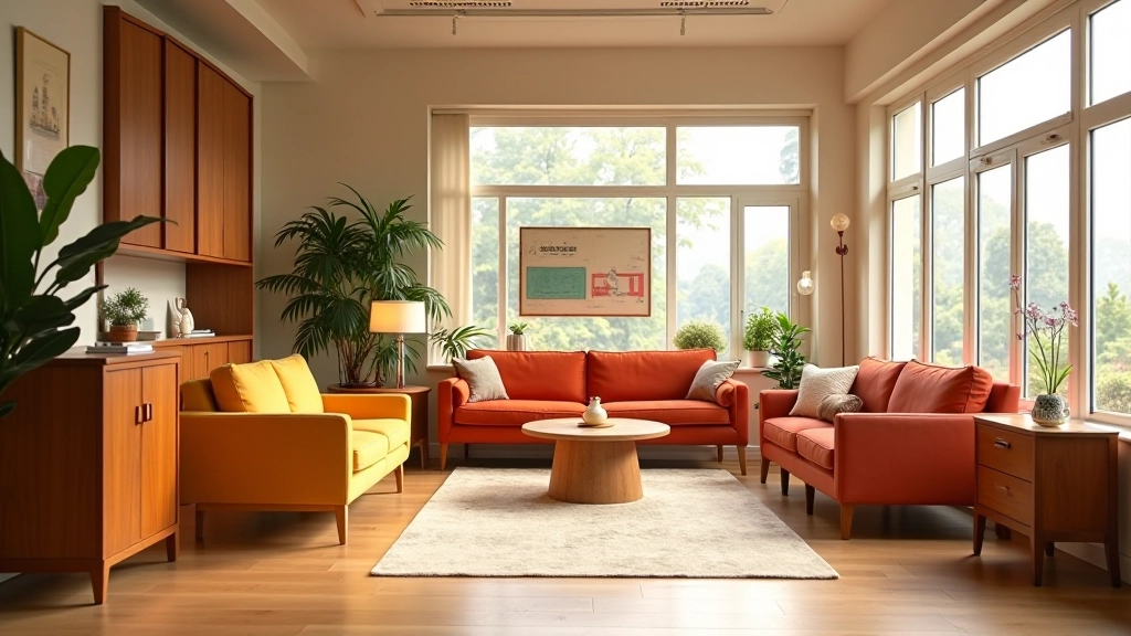 Mid-century modern furniture displayed in a bright showroom with warm natural lighting, vintage teak and walnut pieces