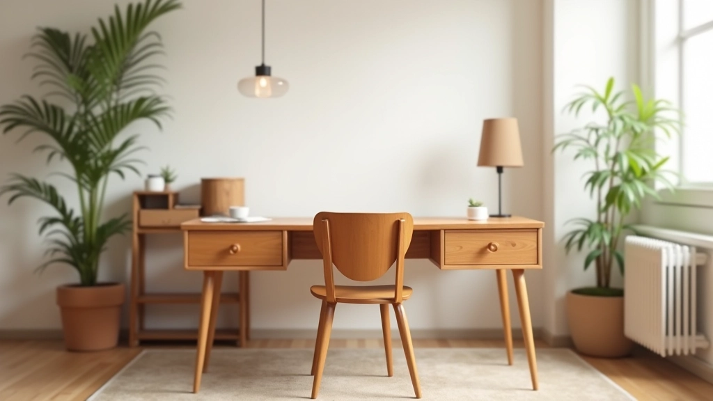 Mid-century modern wooden desk and chair set in neutral tones