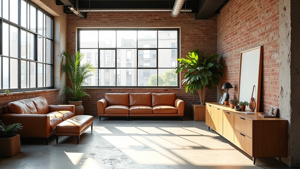 Modern loft interior with vintage upcycled furniture and industrial elements, bright natural lighting