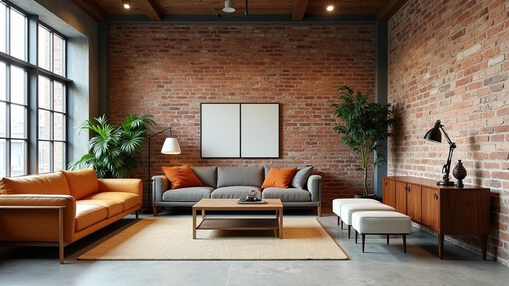 Modern loft space with exposed brick, concrete floors, and vintage furniture