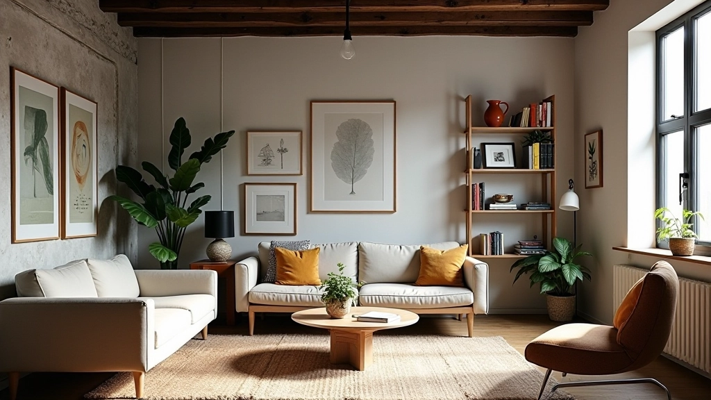 Modern loft space with industrial elements and vintage furniture layered together