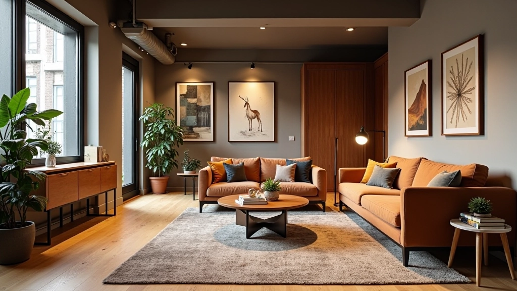 Open loft space divided into functional zones using vintage furniture placement and area rugs, warm lighting