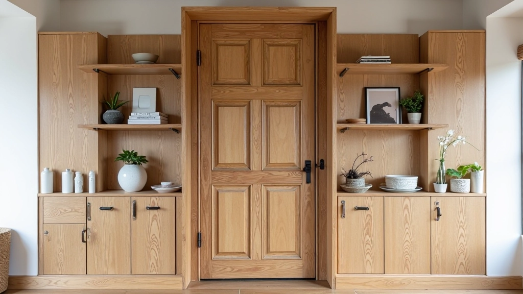 Salvaged wooden door mounted as statement shelving with decorative objects displayed on shelves