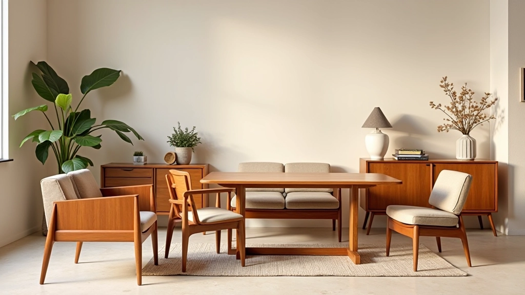 Curated vintage furniture arrangement including wooden dining table, upholstered chairs, and textiles in warm tones
