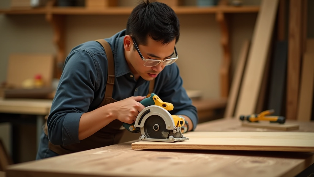 Woodworker using circular saw to cut salvaged door to shelf width with measurement guide